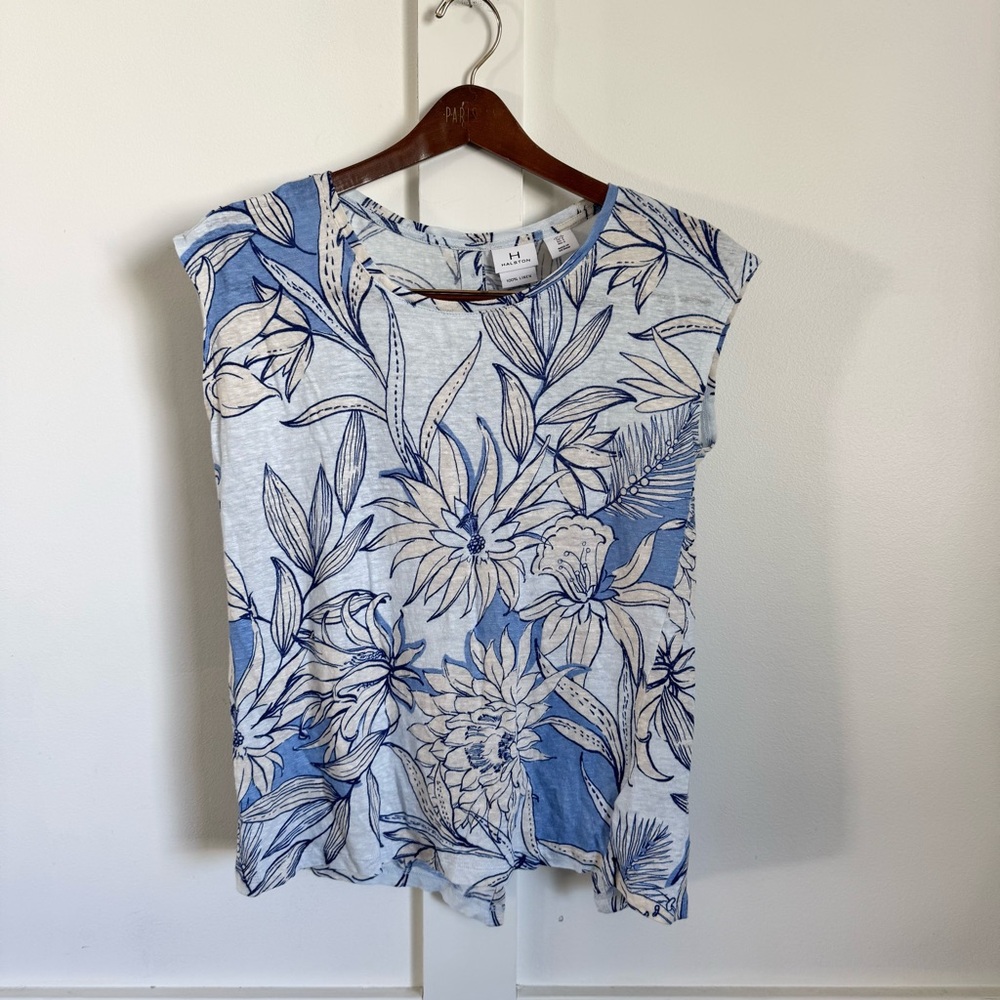 Halston Blue Floral Linen Slub Knit Top Button Back Short Dolman Cap Sleeve Sz S